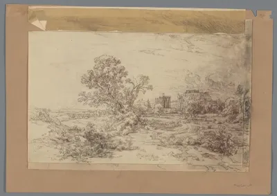 Fotoreproductie van een tekening, voorstellend een landschap met op de achtergrond de Akropolis