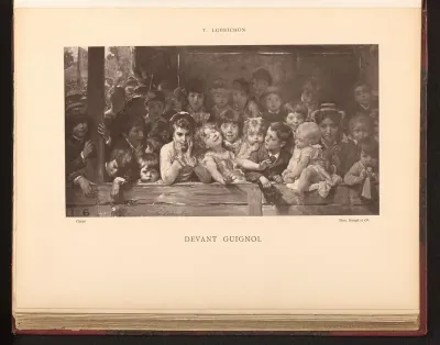 Fotoreproductie van het schilderij 'Devant Guignol' door Timoléon Lobrichon