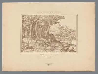Fotoreproductie van (vermoedelijk) een prent naar een ontwerp van Titiaan, voorstellend een bosrijk landschap