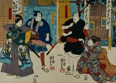 Four actors at a shrine: two as menials or attendants: one as a fashionable young samurai and one as a girl