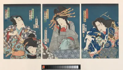 Four actors, one holding mask in mouth