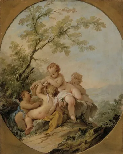 Four amorins playing with a birdcage