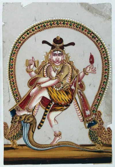 Four armed Shiva dancing on a snake, around a ring of flames