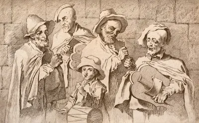 Four blind men and a boy playing musical instruments and singing