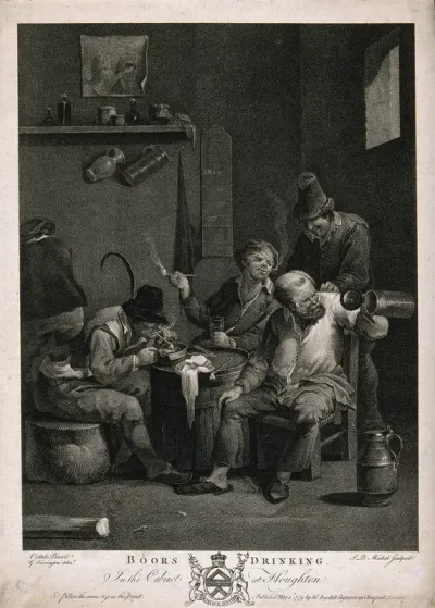 Four boors round a barrel table smoking and drinking