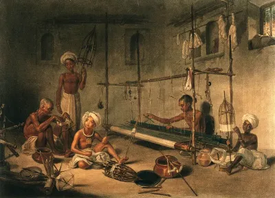 Four boys and an old man working on the loom