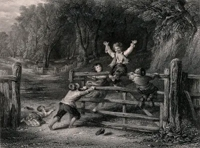 Four boys ride on a five-bar gate in a woodland