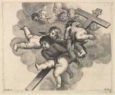 Four cherubs carrying a cross
