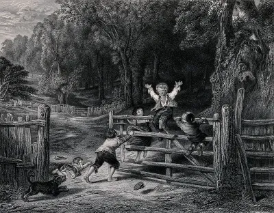 Four children play on a five-bar gate in a woodland, one child has fallen to the ground