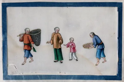 Four Chinese figures, one with net, another with a tray