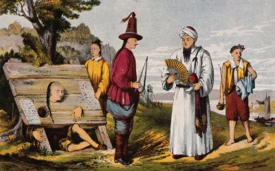 Four Chinese men standing next to a man restrained by a cangue