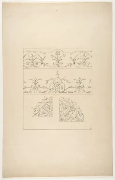 Four designs for decorative patters featuring foliage, flowers, and scrolls