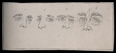 Four designs of upper parts of faces, expressing different characters