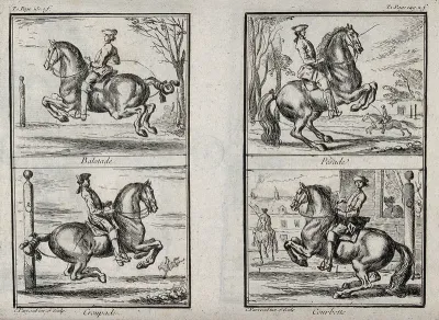 Four different leaps performed by horses with riders, including a curvet