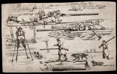 Four different ways of dealing with water during a fowl-hunting shoot: the hunter lying on ice, the hunter hiding in a boat, the hunter on stilts and the hunter using a pole as a bridge