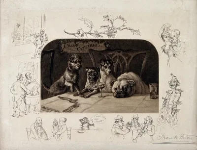 Four dogs at table waiting for Christmas dinner to be served, surrounded by eight vignettes of Christmas