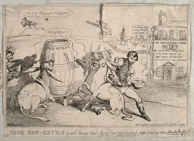 Four donkeys inhaling foetid gas and having their backs scrubbed with vitriol; representing John St