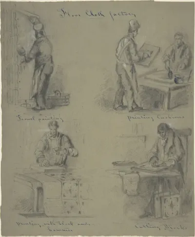 Four drawings showing the manufacture of floor cloth
