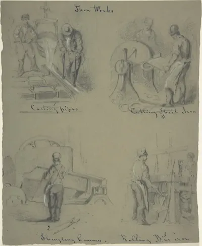 Four drawings showing the manufacture of iron