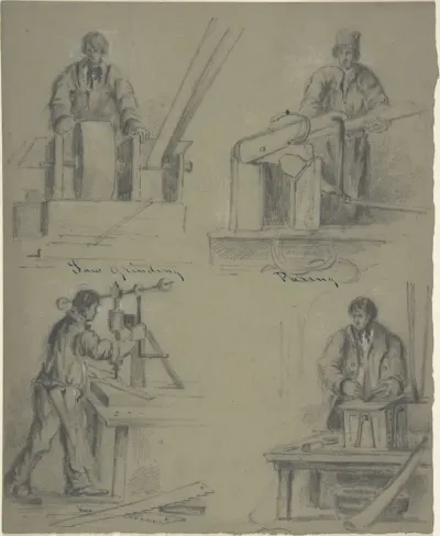 Four drawings showing the manufacture of saws