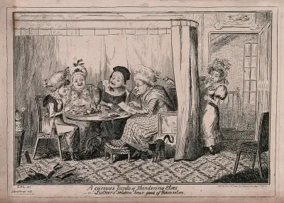 Four elderly ladies sitting around a table gossiping; another woman listens from behind a curtain and looks rather shocked