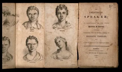 Four faces expressing the passions: (clockwise from top left) hatred, wonder, love and jealousy; and (right) the frontispiece to the book containing the illustrations, a manual of acting