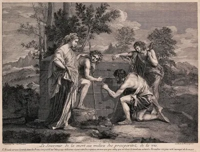 Four figures contemplate the inscription on a tomb in Arcadia