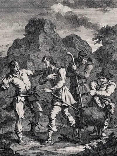 Four figures including the knight of the rock, Don Quixote, Sancho Panza, a goatherd and a goat