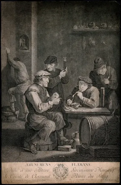 Four Flemish men smoke and drink in a dingy smoke den, a man leans on the wall behind