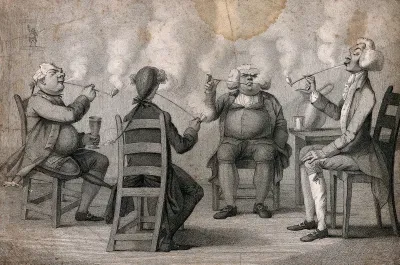 Four Georgian gentlemen at their club seriously engaged in smoking