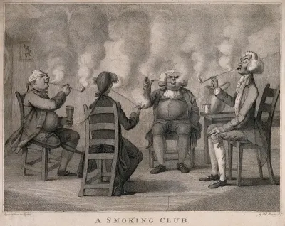 Four Georgian gentlemen sit in their club seriously engaged in smoking