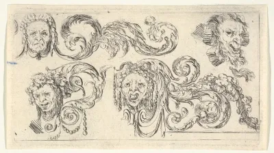Four grotesque heads with scrollwork, plate 8 from "Friezes, foliage, and grotesques" (Frises, feuillages et grotesques)