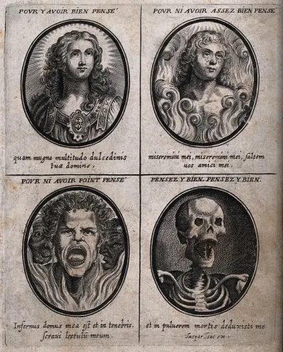 Four heads representing the souls of people who have given different degrees of attention to spiritual matters