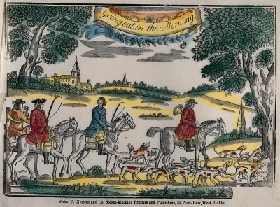Four hunters on horseback with hounds, setting off for the hunt; a village in the background