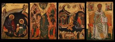 Four Icons from a Pair of Doors (Panels), possibly part of a Polyptych: John the Theologian and Prochoros, the Baptism (Epiphany), Harrowing of Hell (Anastasis), and Saint Nicholas
