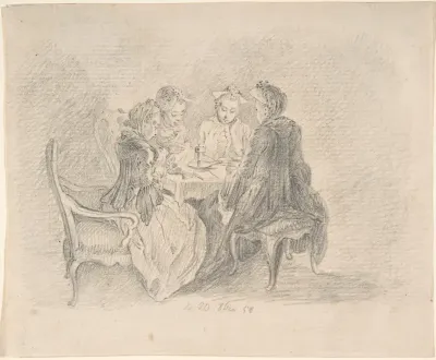 Four Ladies Sitting around a Table Occupied with Needlework, Reading, and Writing (recto); Study of a Woman with Needlework (verso)
