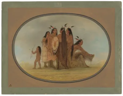 Four Mandan Warriors, a Girl, and a Boy