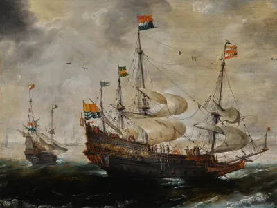 Four-masted ship flying the flag of Zeeland, another vessel beyond