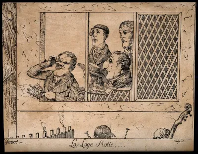 Four men and a woman in the audience of a theatre, seated in the front box above the orchestra