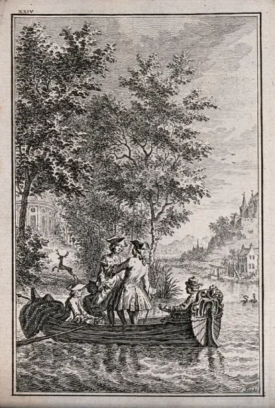 Four men are out in a boat on the river, two are standing up in it having a discussion