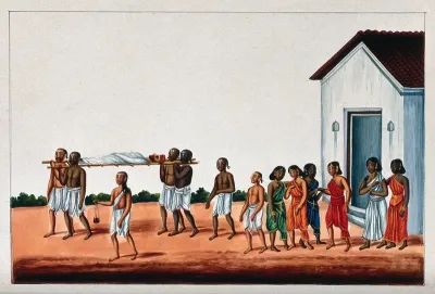 Four men carrying a dead man on a wooden stretcher for his cremation, watched by grieving women