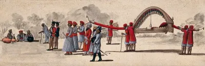 Four men carrying a long palanquin, preceded by guards and attendants