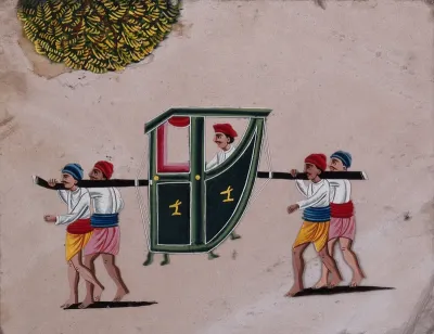 Four men carrying a palanquin with a man sitting inside
