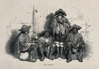 Four men employed on extracting the guano deposits on the Chincha Islands, Peru