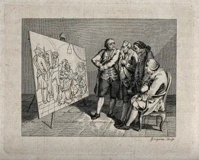 Four men of different temperaments looking at a painting of a dying man