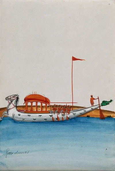 Four men row a long boat with a domed canopy, shaped as two horses in the front and a dragon's mouth at the back