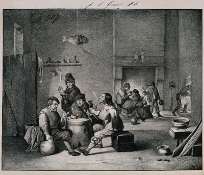 Four men sit indoors smoking round a barrel-table, others drink by the fireplace