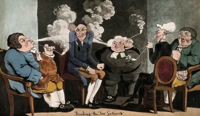 Four men sit round a tax collector and blow smoke in his face