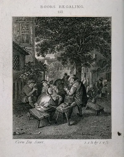 Four men smoking and drinking round a table outside a country tavern