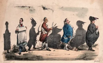 Four men whose distorted shadows are cast on the wall:a an apothecary casting the shadow of a clyster, a censor casting the shadow of a devil, a hereditary peer casting the shadow of a pig, and a Jesuit casting the shadow of a turkey